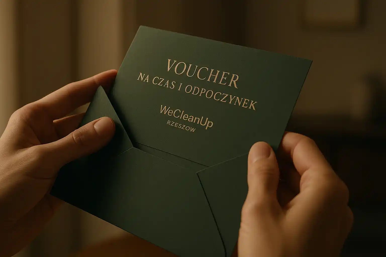 Elegancki voucher WeCleanUp w zielonej kopercie, gotowy do wręczenia jako prezent
